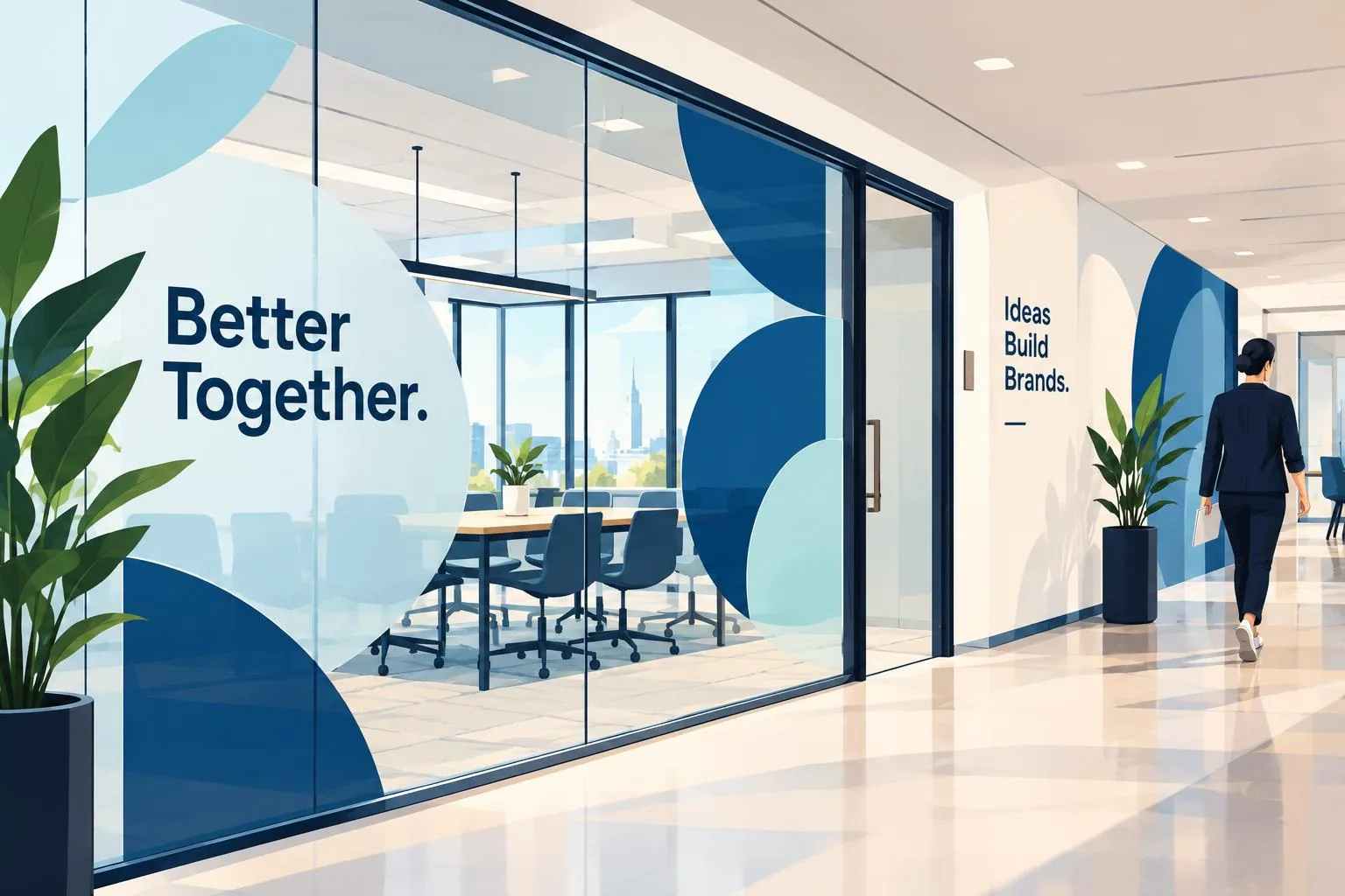 Visualisierung: Glasdekor mit großen blauen Kreisen und dem Schriftzug „Better Together“ an der Glaswand eines Besprechungsraums