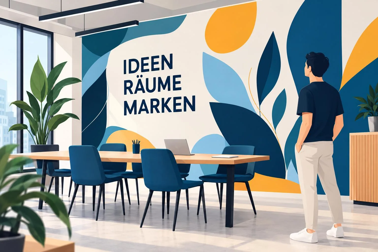 Visualisierung: Wandbild mit blauen und gelben Blattformen und dem Schriftzug „Ideen Räume Marken“ hinter einem langen Besprechungstisch